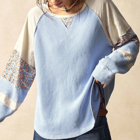 Blue Casual Women's Knit Patchwork Round Neck Long Sleeve Loose Blouse - Picture 4 of 8